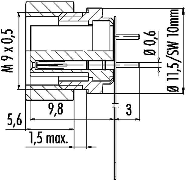 Technische Zeichnung eines Bauteils mit Bemaßungen: M9 x 0,5, Ø11,5/SW10mm, Ø0,6. Zeigt Querschnittsdetails und Abmessungen.