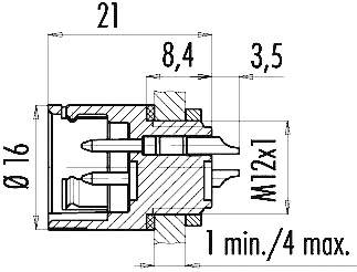 Technische Zeichnung eines Steckverbinders mit Abmessungen: Länge 21 mm, Breite 8,4 mm, Höhe 3,5 mm, Durchmesser 16 mm, M12x1 Gewinde. Maximaler Bereich 1 bis 4.