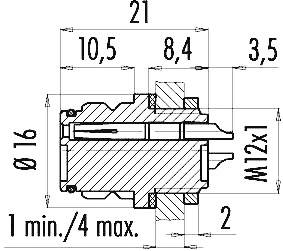 Technische Zeichnung eines zylindrischen Bauteils mit Maßen. Durchmesser 16 mm, Länge 21 mm. Gewinde M12x1 markiert.