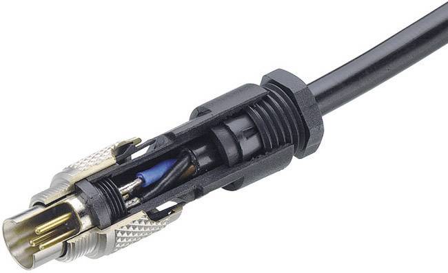 Ein offener Koaxial-Stecker zeigt interne Verdrahtung mit zentralem Metallstift und Metallbeschichtung für Signalübertragung.