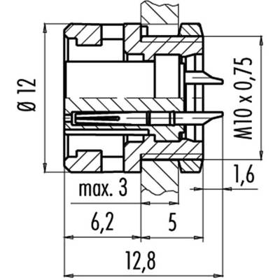 Technische Zeichnung eines Bauteils mit Maßen: Durchmesser 12, M10x0,75, maximale Tiefe 3, Breite 12,8, Teilmaße 6,2 und 5.