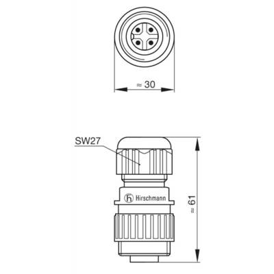Technische Zeichnung eines Steckers mit Hirschmann-Logo. Der Durchmesser beträgt etwa 30 mm, die Länge 61 mm.