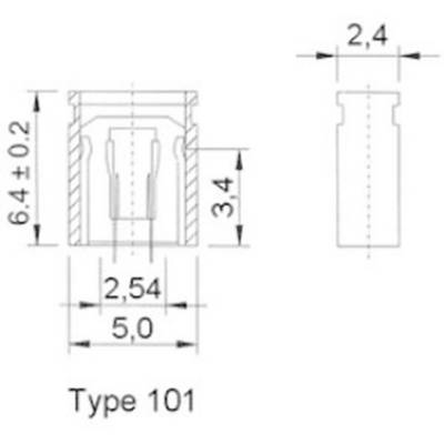 Technische Zeichnung eines Bauteils, Typ 101. Maße: Höhe 6,4 mm ± 0,2, Breite 2,4 mm, Tiefe 5 mm, Innenmaß 2,54 mm.