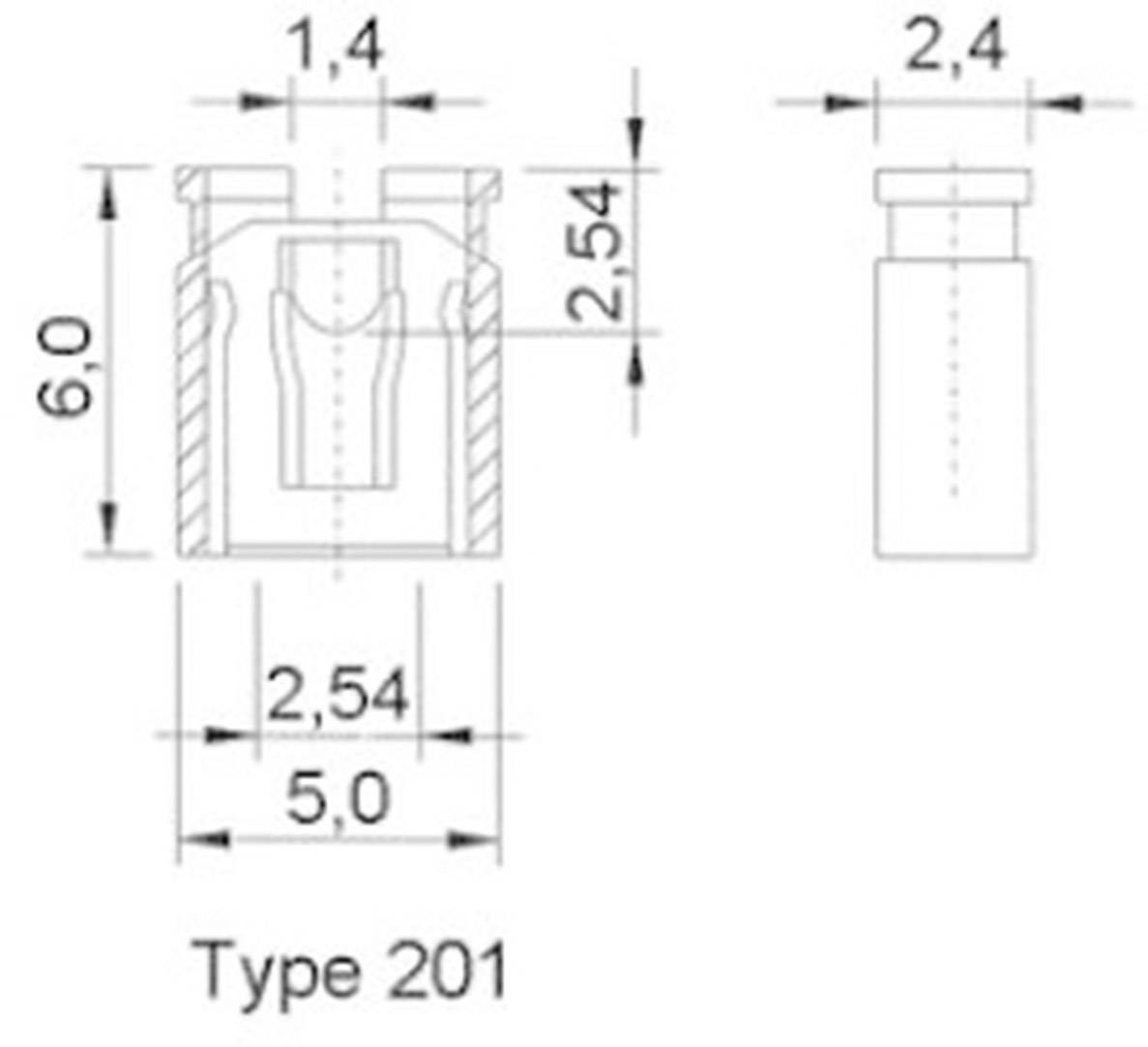 Technische Zeichnung eines Steckverbinder-Typs 201 mit Maßen: Höhe 6,0 mm, Breite 5,0 mm, Steckhöhe 2,54 mm, Steckdurchmesser 2,4 mm.