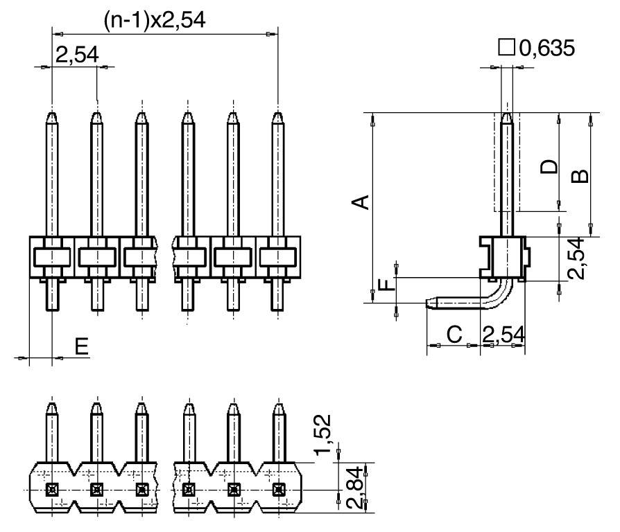 Technische Zeichnung eines Steckverbinders mit sechs Pins, Maße in Millimetern. Hauptmaße A: 6,2, B: 4,2, C: 2,54, D: 3,4, E: 7,5.