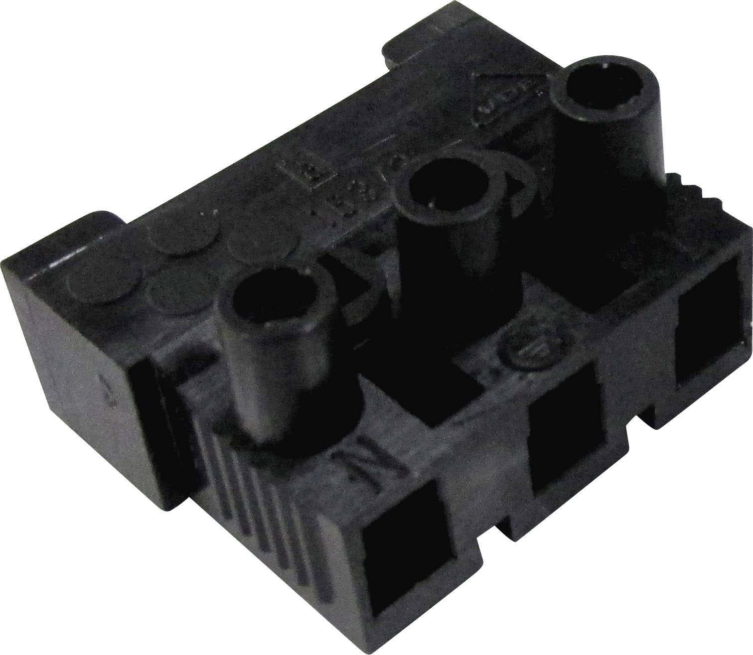 Ein schwarzer Kunststoffstecker mit drei quadratischen Anschlüssen und drei runden Löchern auf der Oberseite.