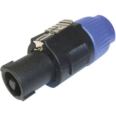 Ein blauer und schwarzer Speakon-Stecker, häufig zur Verbindung von Lautsprechern mit Verstärkern in Audiosystemen verwendet.