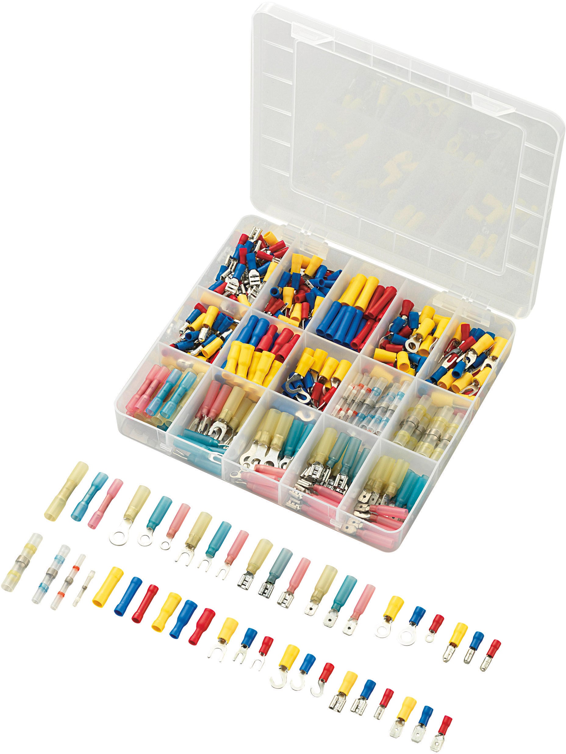 'Sortiment von isolierten Kabelverbindern in verschiedenen Farben und Formen, sortiert in einem durchsichtigen Kunststoffkasten.'