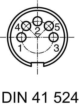 'DIN 41 524' Steckerdiagramm mit fünf nummerierten Kontakten in kreisförmiger Anordnung. Hilfslinien zeigen Anschlusspunkte.