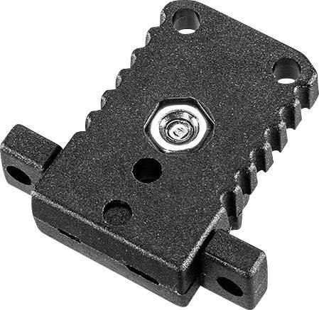 Ein schwarzes, rechteckiges mechanisches Bauteil mit mehreren Löchern zur Befestigung, mittigem Metalleinsatz und seitlichen Haken.