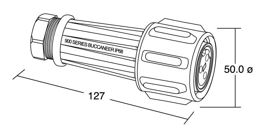 Eine technische Zeichnung eines zylindrischen Steckverbinders mit der Aufschrift '900 Series Buccaneer IP68'. Länge 127 mm, Durchmesser 50 mm.