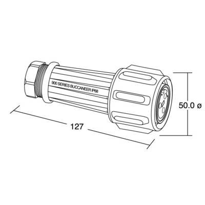 Eine technische Zeichnung eines zylindrischen Steckverbinders mit der Aufschrift '900 Series Buccaneer IP68'. Länge 127 mm, Durchmesser 50 mm.