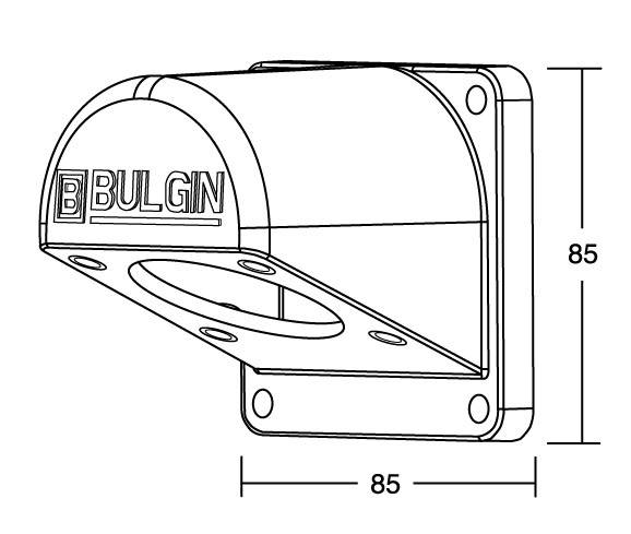 Technische Zeichnung eines rechtwinkligen Halters mit der Aufschrift 'BULGIN'. Maße sind 85x85 mm. Befestigungslöcher sichtbar.
