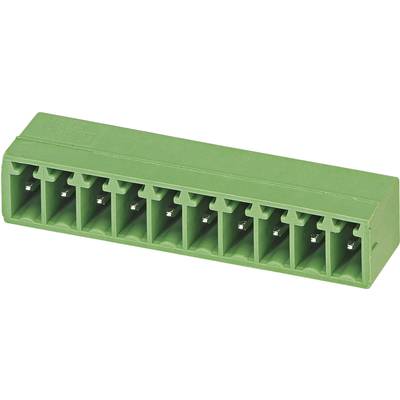 Grüner Steckverbinder mit zehn Anschlüssen, geeignet für verdrahtete elektrische Verbindungen in elektronischen Geräten.
