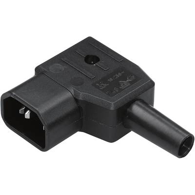 'Schwarzer IEC-C13-Stecker mit rechteckiger Form, seitlicher Kabelabgang und Schuko-Anschluss.'