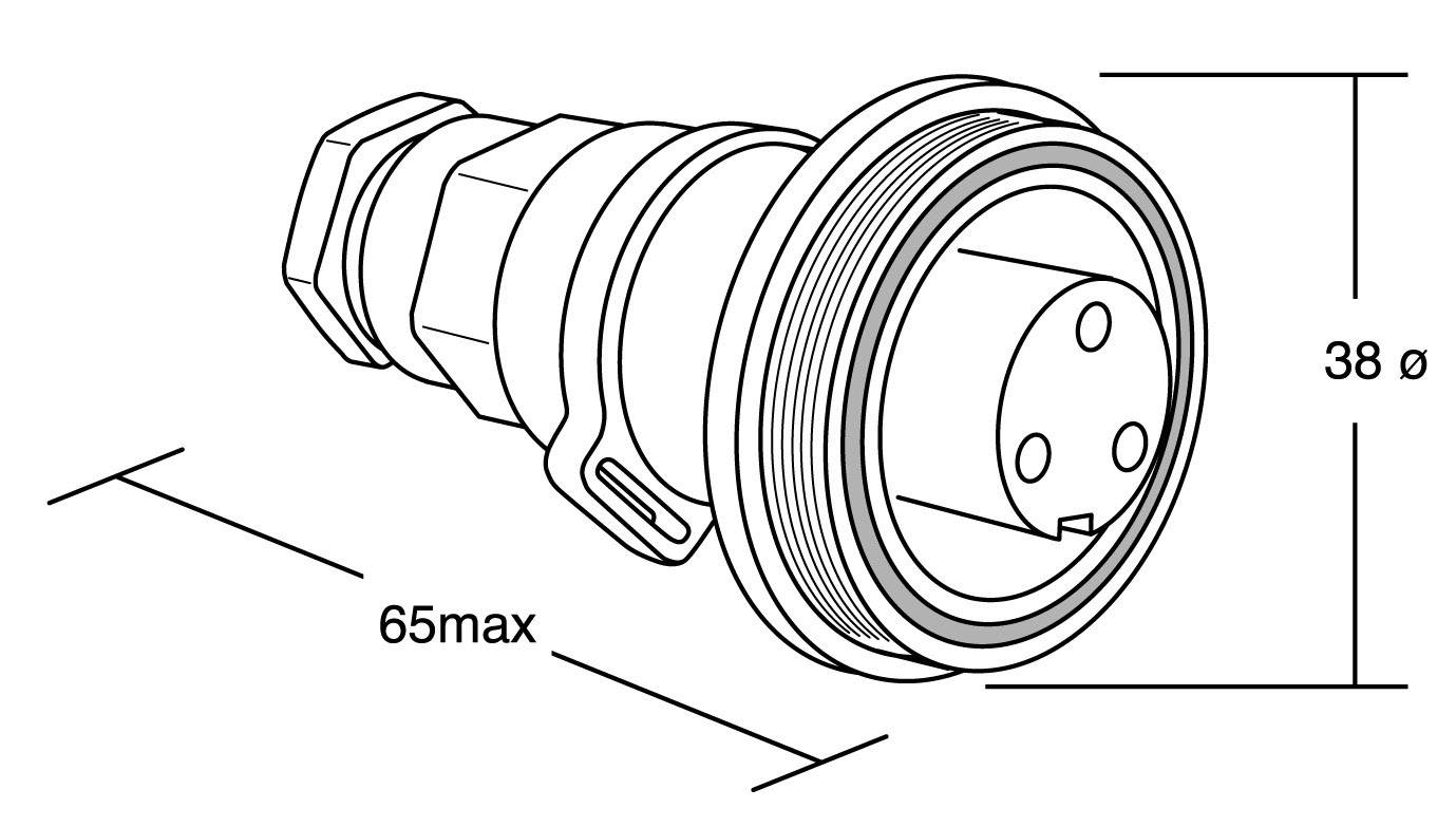 Technische Zeichnung eines Steckers mit den Maßen: Länge 65 mm maximal und Durchmesser 38 mm.