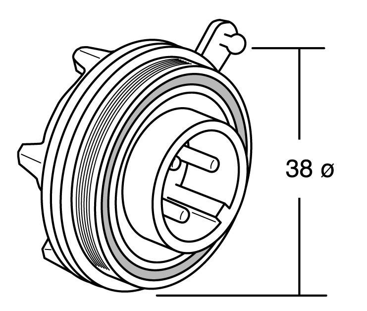 Technische Zeichnung einer zylindrischen Steckverbinderbuchse mit einem Durchmesser von 38 mm, seitlich dargestellt.