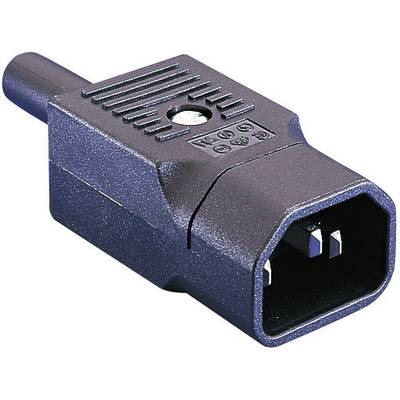 Ein schwarzer IEC 60320-C14 Stecker, häufig verwendet für Computer und andere elektronische Geräte zur Stromversorgung.