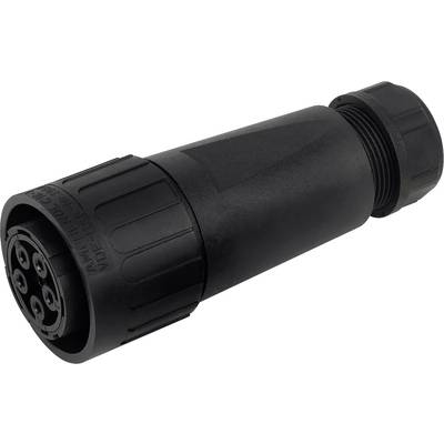 Schwarzer, zylindrischer elektrischer Stecker mit mehreren Kontaktpunkten, geeignet für industrielle Anwendungen.