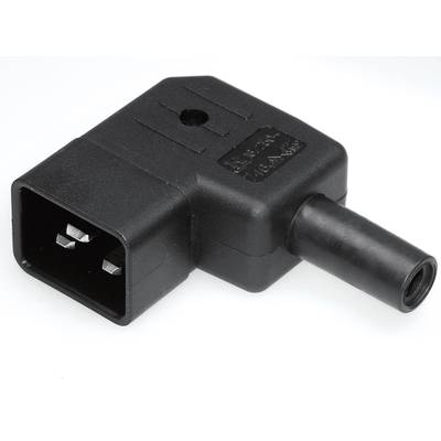 Schwarzer Winkeladapter mit rechteckigem Anschluss und rundem Kabelausgang; verwendet zum Anschließen elektronischer Geräte.