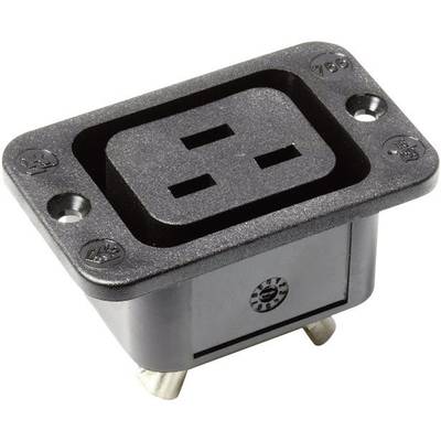 Ein schwarzer IEC C14 Steckverbinder mit drei rechteckigen Steckplätzen, montiert auf einer Platte, geeignet für Netzkabel.