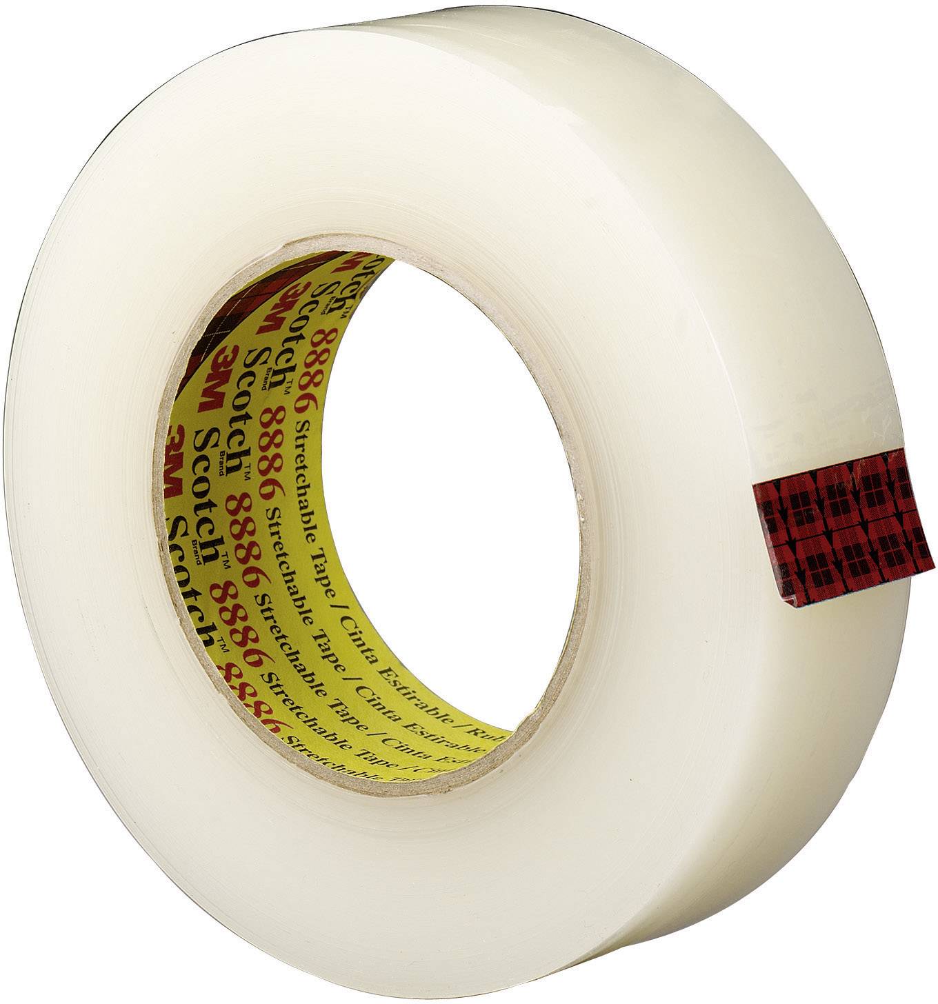 Eine Rolle transparentes Klebeband mit rotem Karodruck auf der Innenseite.