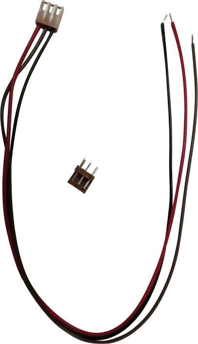 'Dreiadriges Kabel mit rotem, braunem und schwarzem Draht, endet in einem kleinen Stecker; zusätzlicher Stecker daneben.'