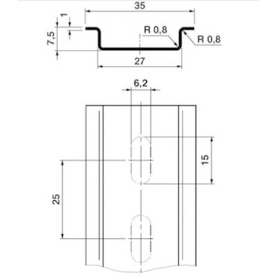 Technische Zeichnung eines Metallprofils mit Maßen: Breite 35 mm, Höhe 7,5 mm. Schmale Öffnungen: Abstand 15 mm, Länge 25 mm.