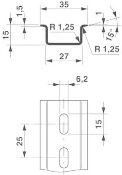 Technische Zeichnung einer Metallprofil-Komponente mit Bemaßung: Breite 35 mm, Höhe 15 mm. Detailansicht mit Radien von 1,25 mm und Winkel von 75°.