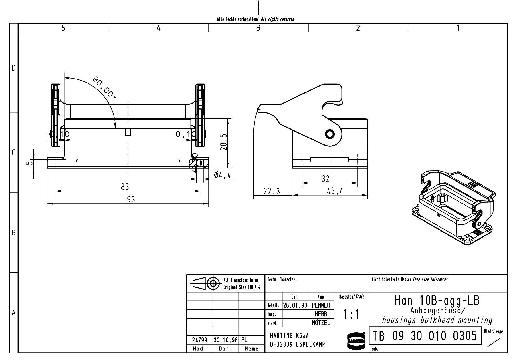 Technische Zeichnung eines 'Han 10B-agg-LB' Anbaugehäuses der Firma Harting, mit Maßen und Ansichten von oben und Seite.