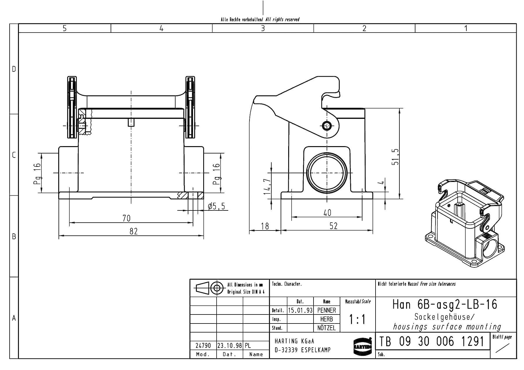 Technische Zeichnung einer Sockelgehäuse-Konstruktion 'Han 6B-asg2-LB-16', mit Vorder-, Seiten- und Draufsicht samt Bemaßungen.