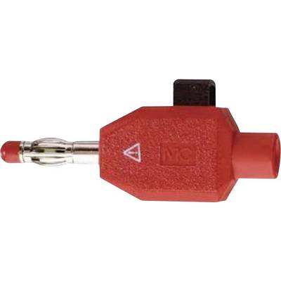 Roter elektrischer Gerätestecker mit Metallkontakt und Symbolen auf der Oberfläche.