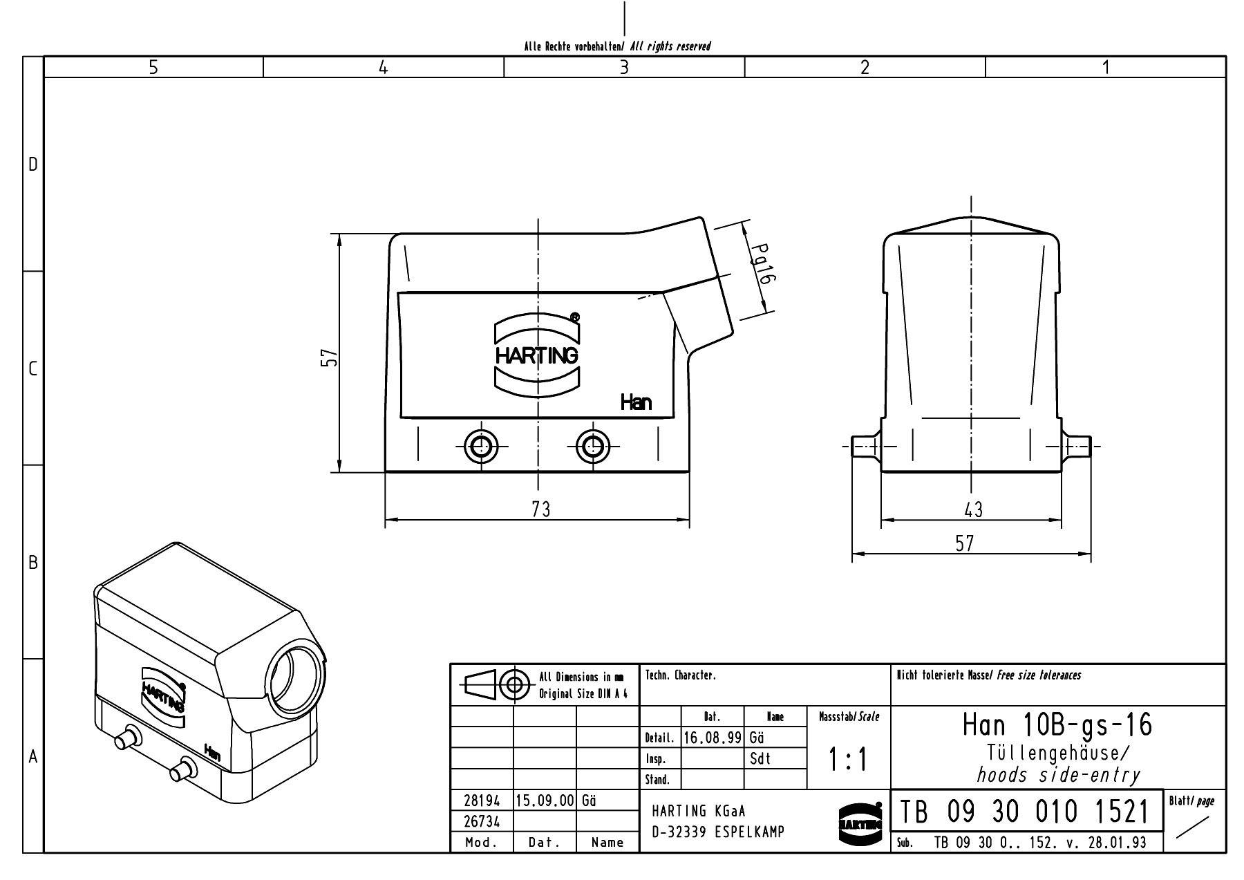Technische Zeichnung eines Han 10B-gs-16 Steckverbinders von HARTING. Enthält Bemaßungen und Produktinformationen.