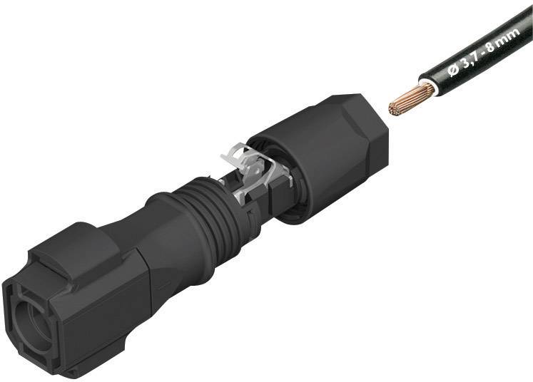 Ein schwarzer Kabelstecker und ein blankes Kabelende mit Kupferdraht sind zu sehen. Der Stecker ist teilweise geöffnet und bereit zur Installation.