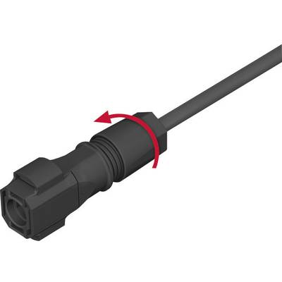 Ein schwarzes Kabel mit Steckverbindung. Ein roter Pfeil zeigt eine Drehung an, was auf eine Verriegelung oder Installation hinweist.