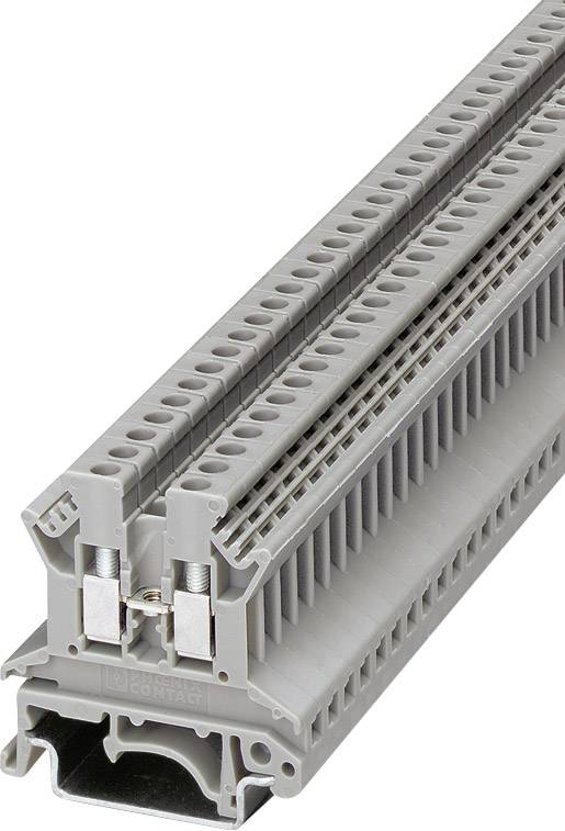 Graue Reihenklemme mit Zugfederanschluss, mehrstöckig, auf einem Tragschienenprofil montiert, für elektrische Verdrahtung.