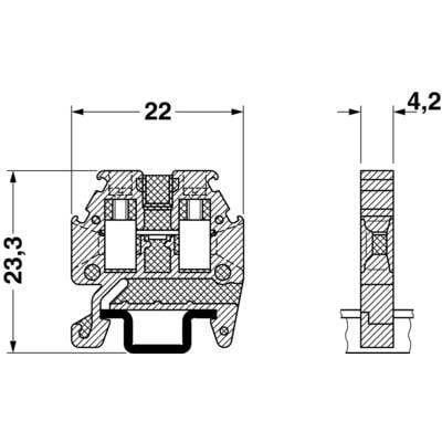 Querschnittszeichnung eines technischen Bauteils mit Abmessungen: Breite 22 mm, Höhe 23,3 mm, Detailhöhe 4,2 mm.