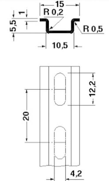 Technische Zeichnung von einem U-förmigen Profil mit Maßen: Breite 10,5 mm, Höhe 5,5 mm. Mit Bohrungen: 20 mm Abstand, 4,2 mm Durchmesser.
