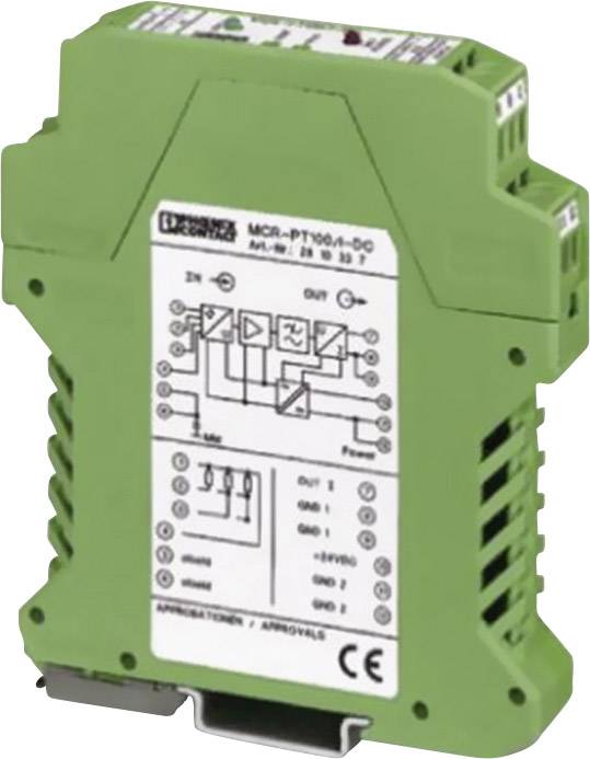 Ein grünes elektrisches Modul mit grafischen Symbolen und technischen Spezifikationen. Eignet sich zur Montage auf einer DIN-Schiene.