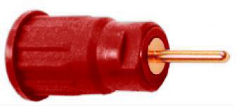 Ein roter Bananenstecker mit Kunststoffgehäuse und sichtbarem Metallstift, geeignet für elektrische Verbindungen.