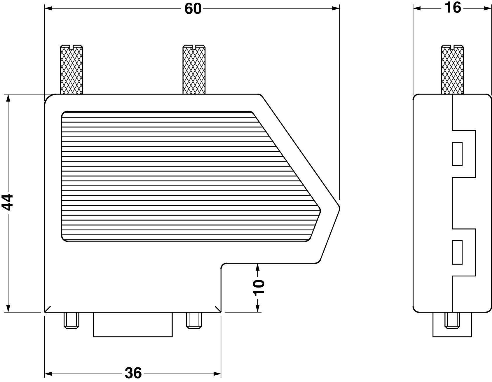 Technische Zeichnung eines Bauteils mit Maßen: Breite 60 mm, Höhe 44 mm, Tiefe 16 mm. Darstellung der Front- und Seitenansicht.