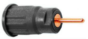 Ein schwarzer, zylindrischer Stecker mit einem herausragenden, kupferfarbenen Stift, vermutlich ein elektrischer Verbinder.