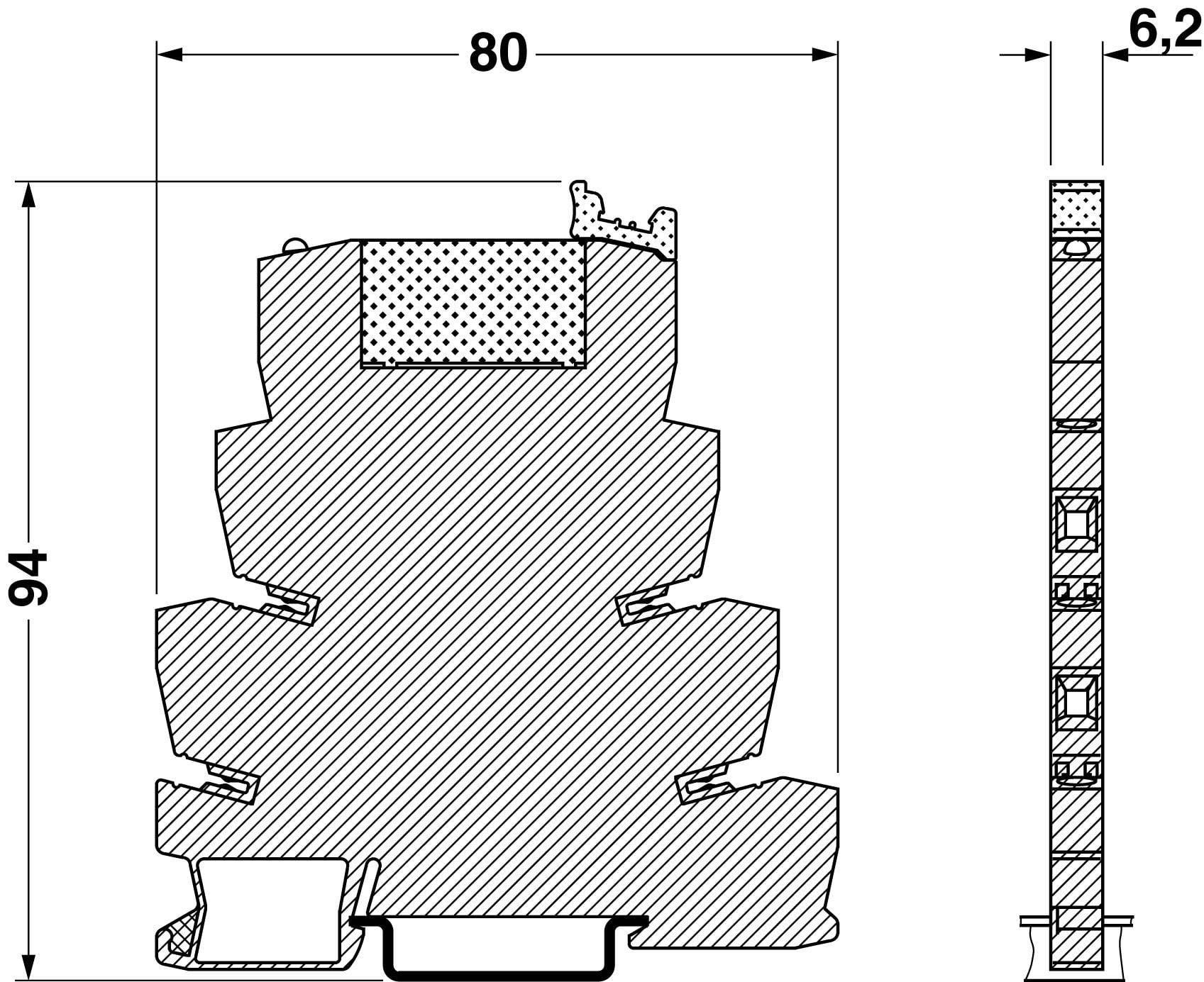 Querschnitt eines Fensterprofils mit Maßangaben: Höhe 94 mm, Breite 80 mm, Dichtung 6,2 mm. Links Schnittansicht, rechts Seitenansicht.