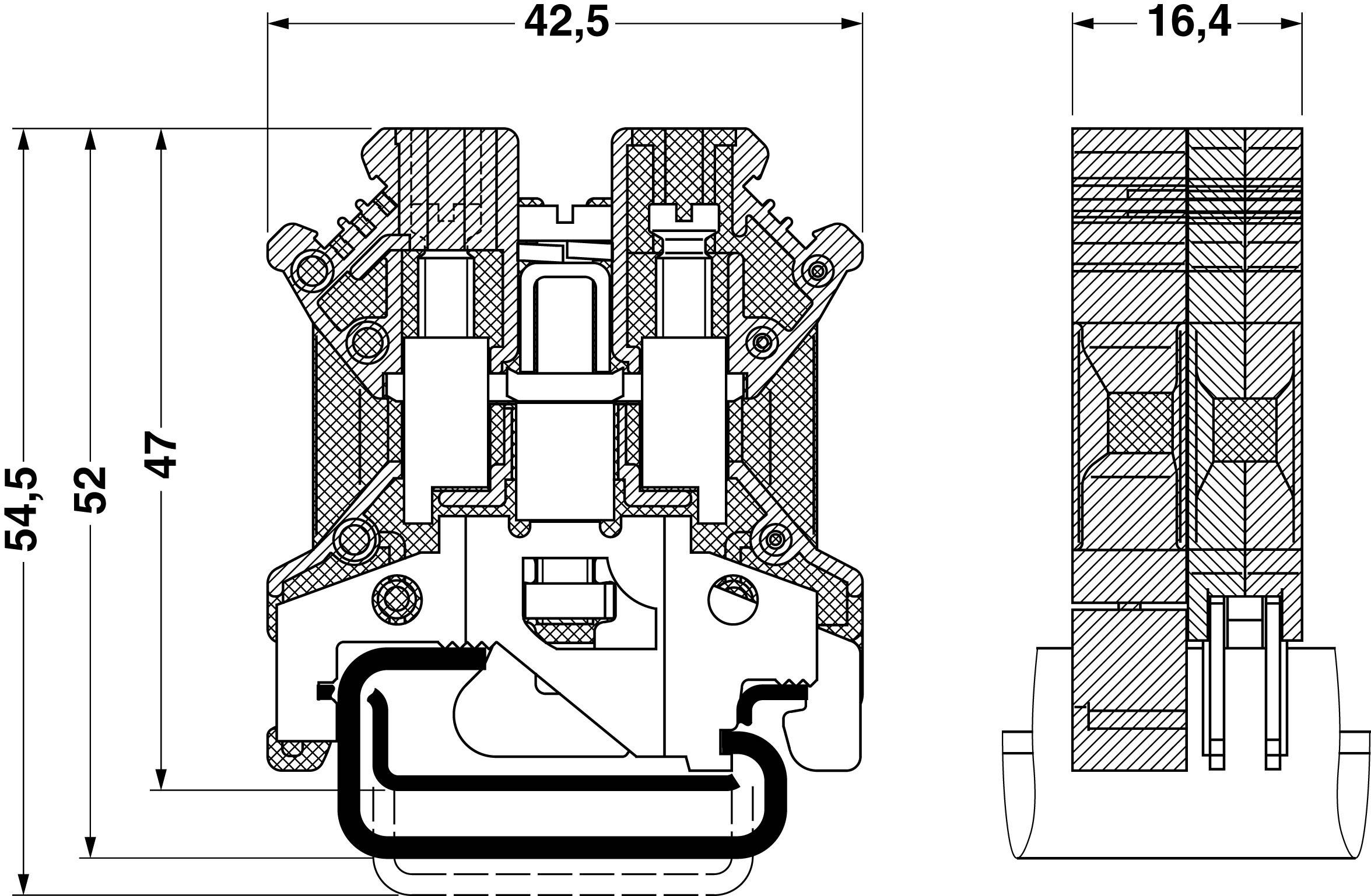 Technische Schnittzeichnung einer mechanischen Komponente mit Maßen: 42,5 mm Breite, 54,5 mm und 52 mm Höhe, 16,4 mm Tiefe.