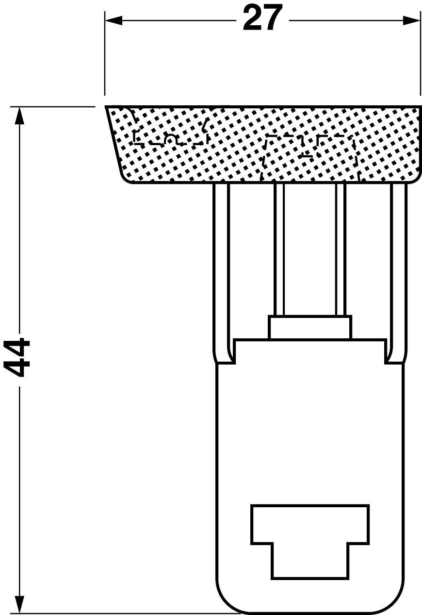 Technische Zeichnung eines Steckers mit Maßen: Breite 27 mm, Höhe 44 mm.