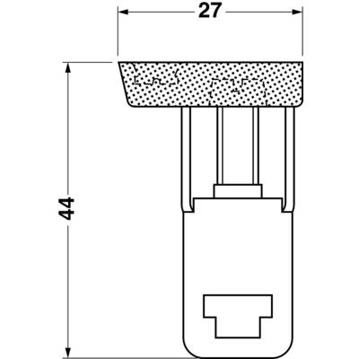 Technische Zeichnung eines Steckers mit Maßen: Breite 27 mm, Höhe 44 mm.