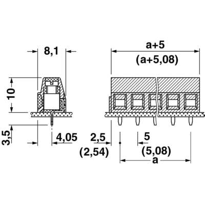 Technische Zeichnung eines Steckverbinders mit Abmessungen: Höhe 10 mm, Breite 8,1 mm, verschiedene Loch- und Pin-Abstände angegeben.