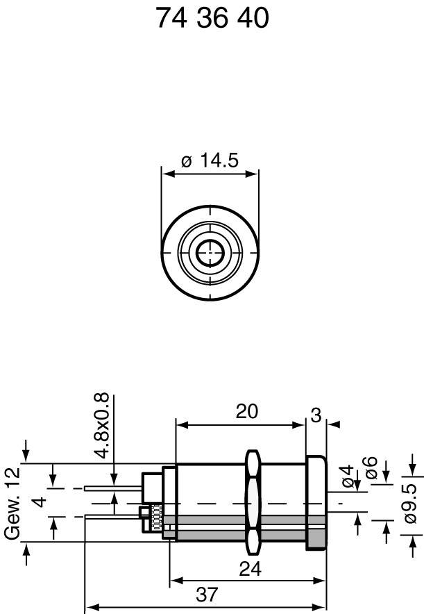 Technische Zeichnung eines zylindrischen Teils mit Maßen: Außendurchmesser 14.5 mm, Gesamtlänge 37 mm, mit Gewinde 12 mm.