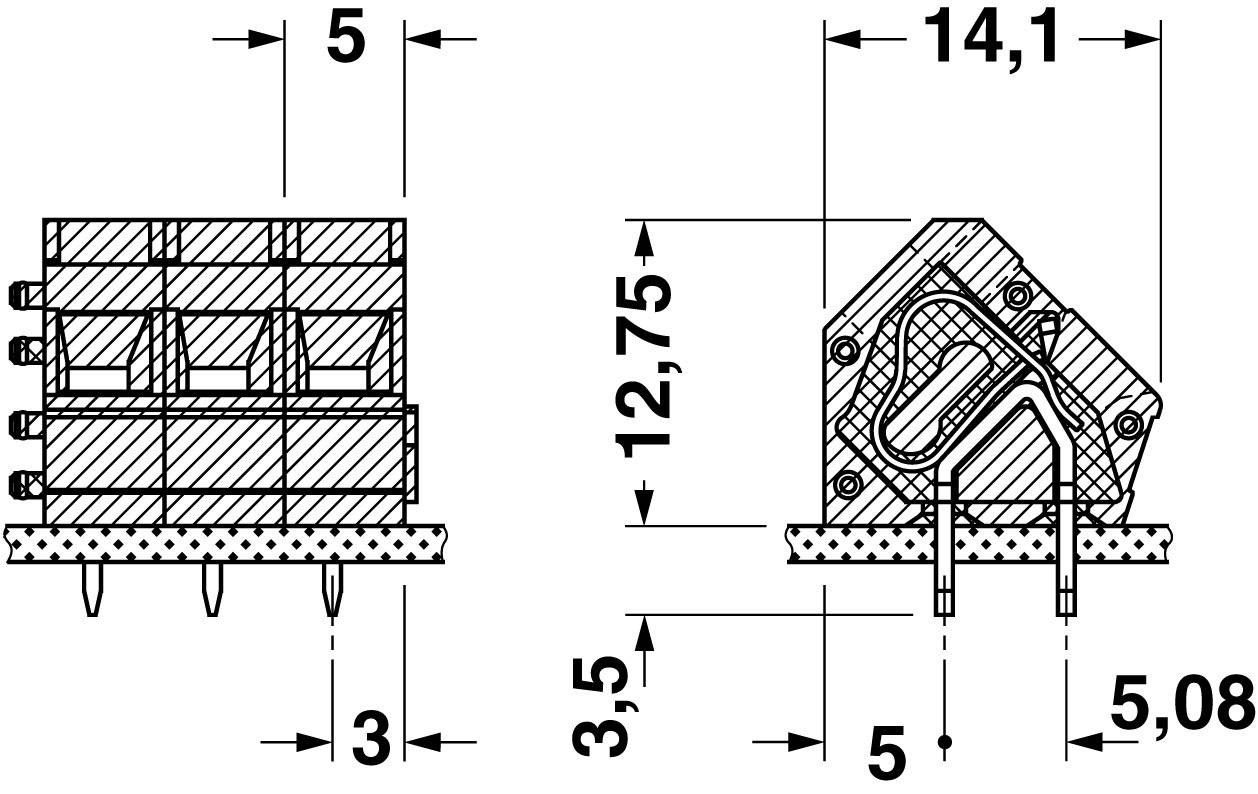 Technische Zeichnung zeigt zwei Ansichten eines elektronischen Bauteils mit Maßen. Hauptabmessungen sind 5, 12,75, 3,5 und 14,1 mm.
