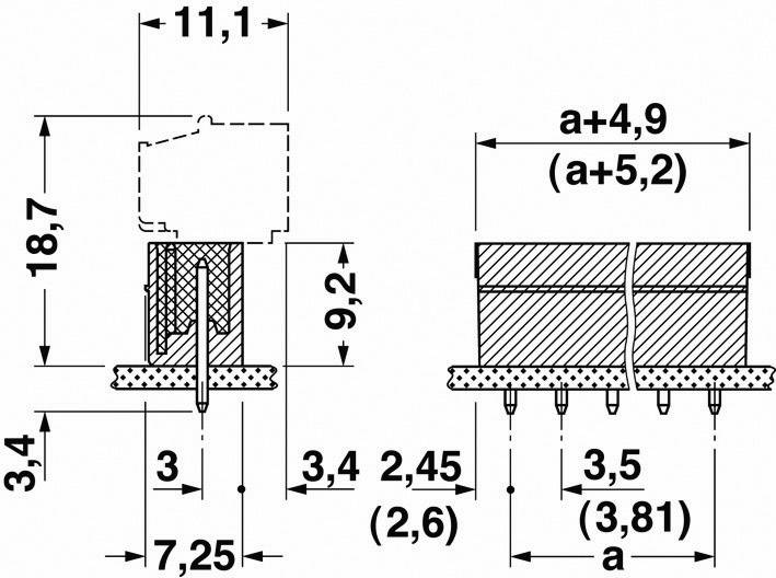 Technische Zeichnung eines Steckverbinders mit Maßen in Millimetern. Links Ansicht von vorne, rechts Seitenansicht mit detaillierten Maßen.